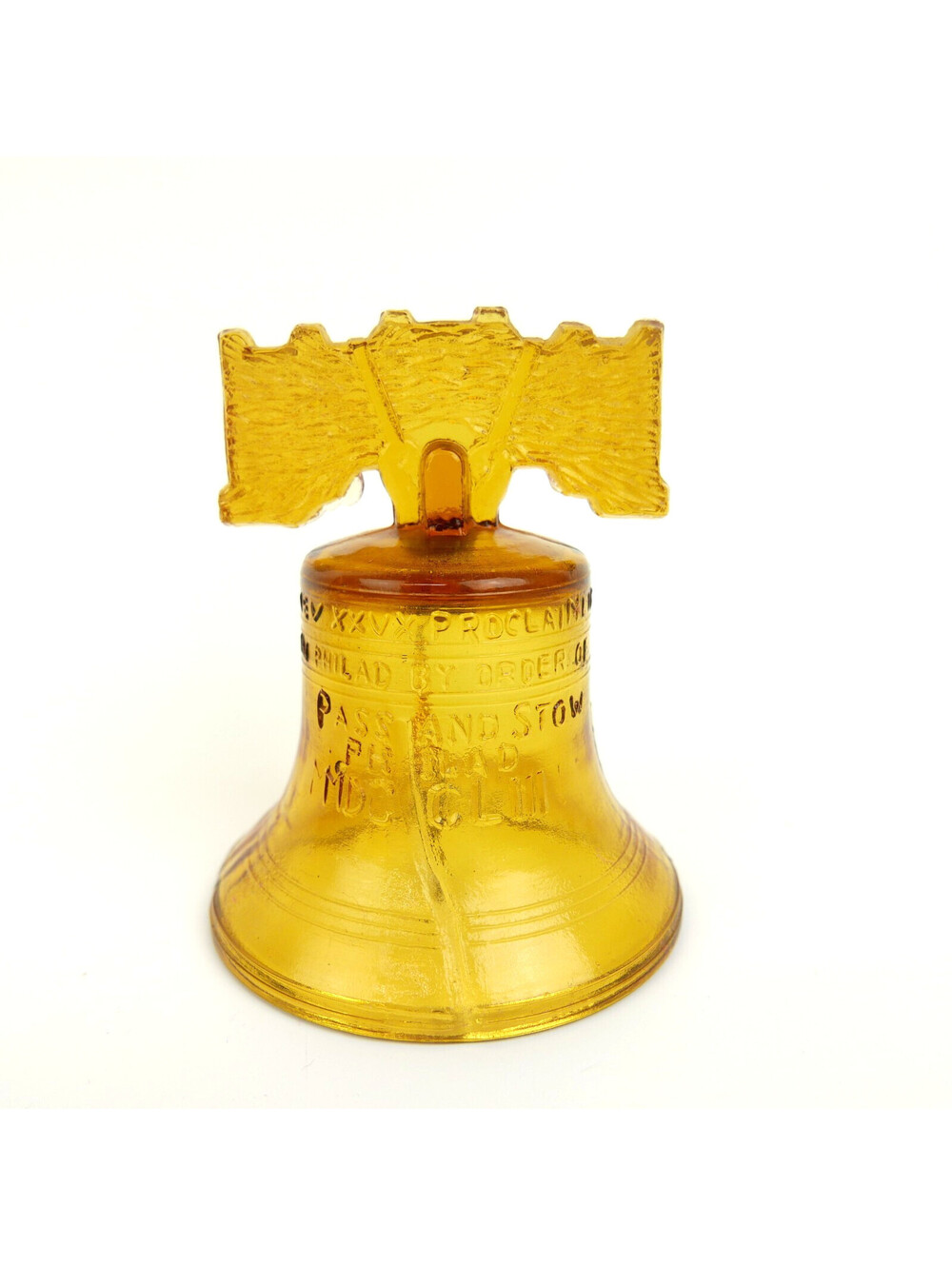Vintage Amber Pressed Glass Liberty Bell Souvenir 4" Bicentennial Pass and Stow
